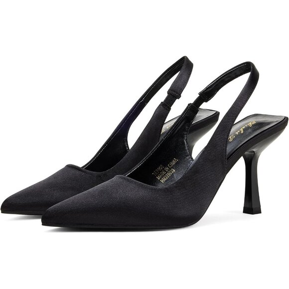 Women Black Satin Pointed Closed Toe mid Slingback Mid High Heels Stiletto Pumps - Picture 1 of 9